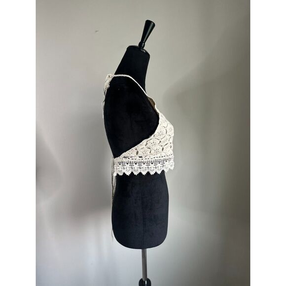 Women's Cream Halter Neck Tie Backless Crochet Cropped Top Size S - Picture 4 of 5
